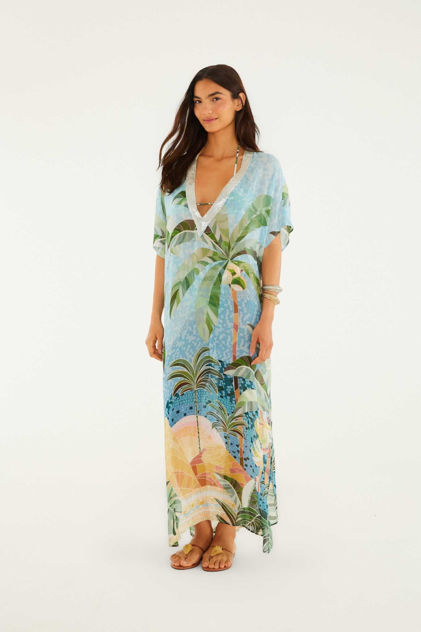 Blue Embroidered Side Slits Maxi Kimono