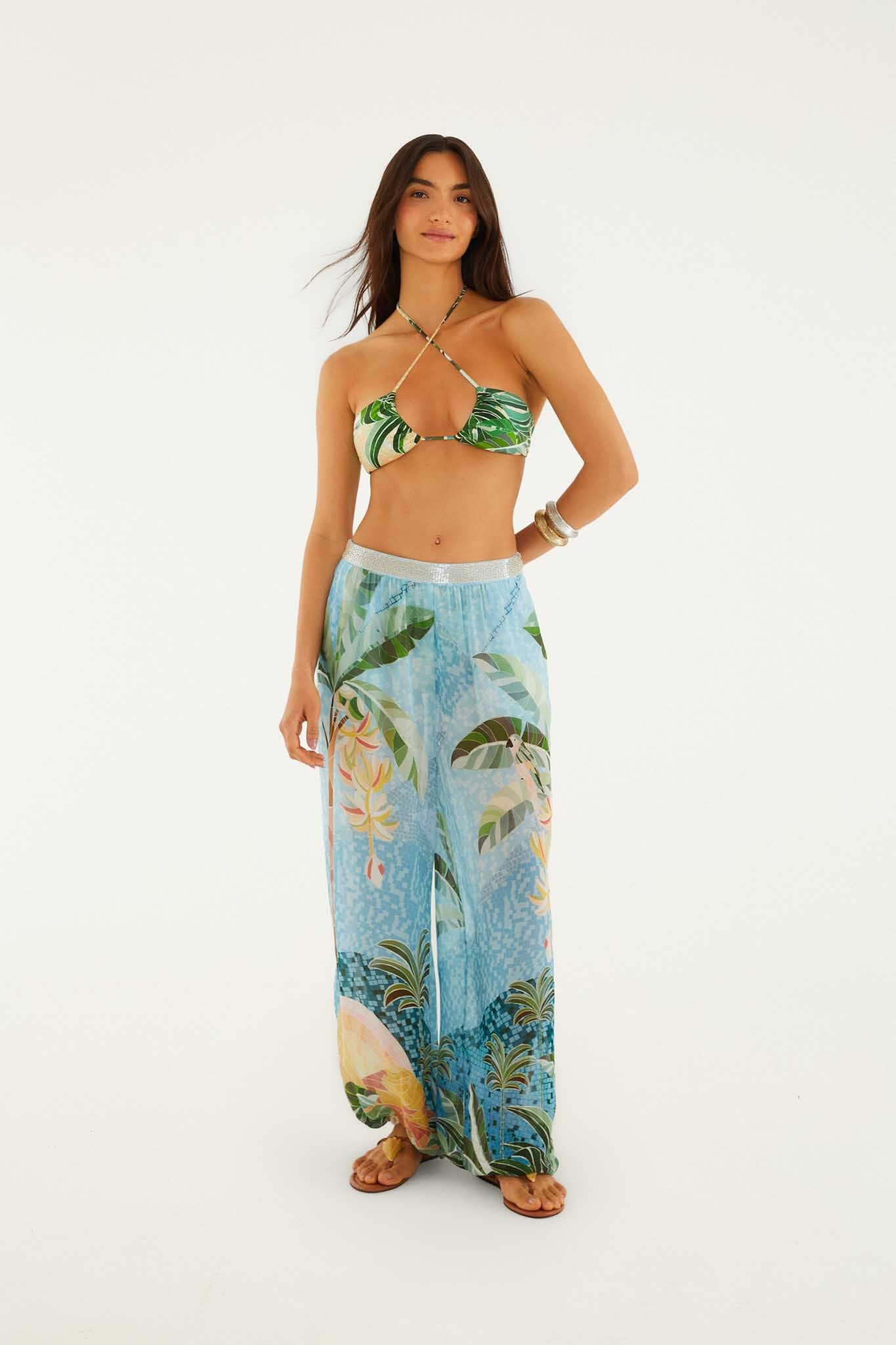 Blue Embroidered Side Buttons Balloon Pants