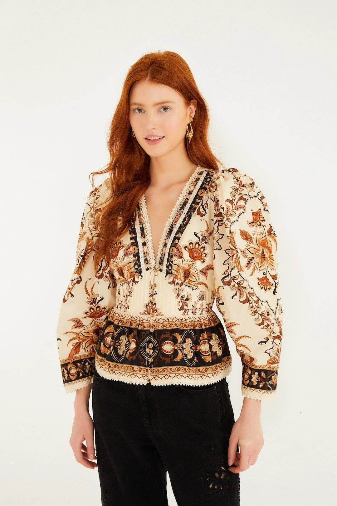 Sand Majestic Garden Lace Puff Sleeve  Blouse
