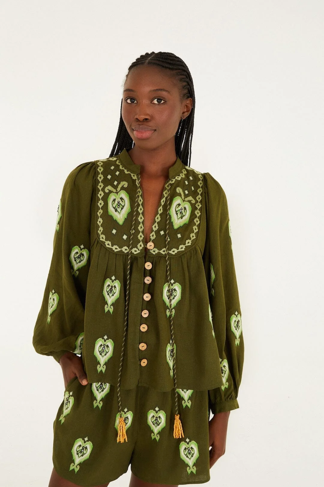 Green Embroidered Puff Sleeve Blouse