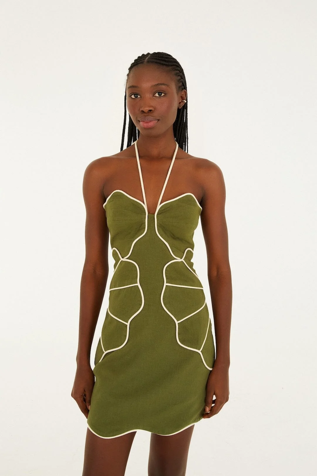 Green Wavy Trim Halter Neck Mini Dress