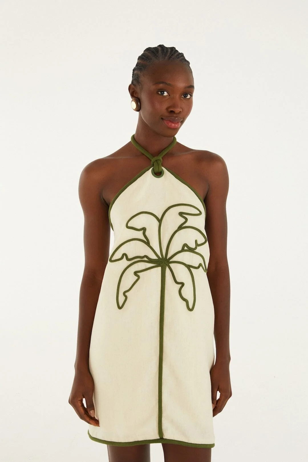 Sand Coconut Embroidery Halter Neck Mini Dress