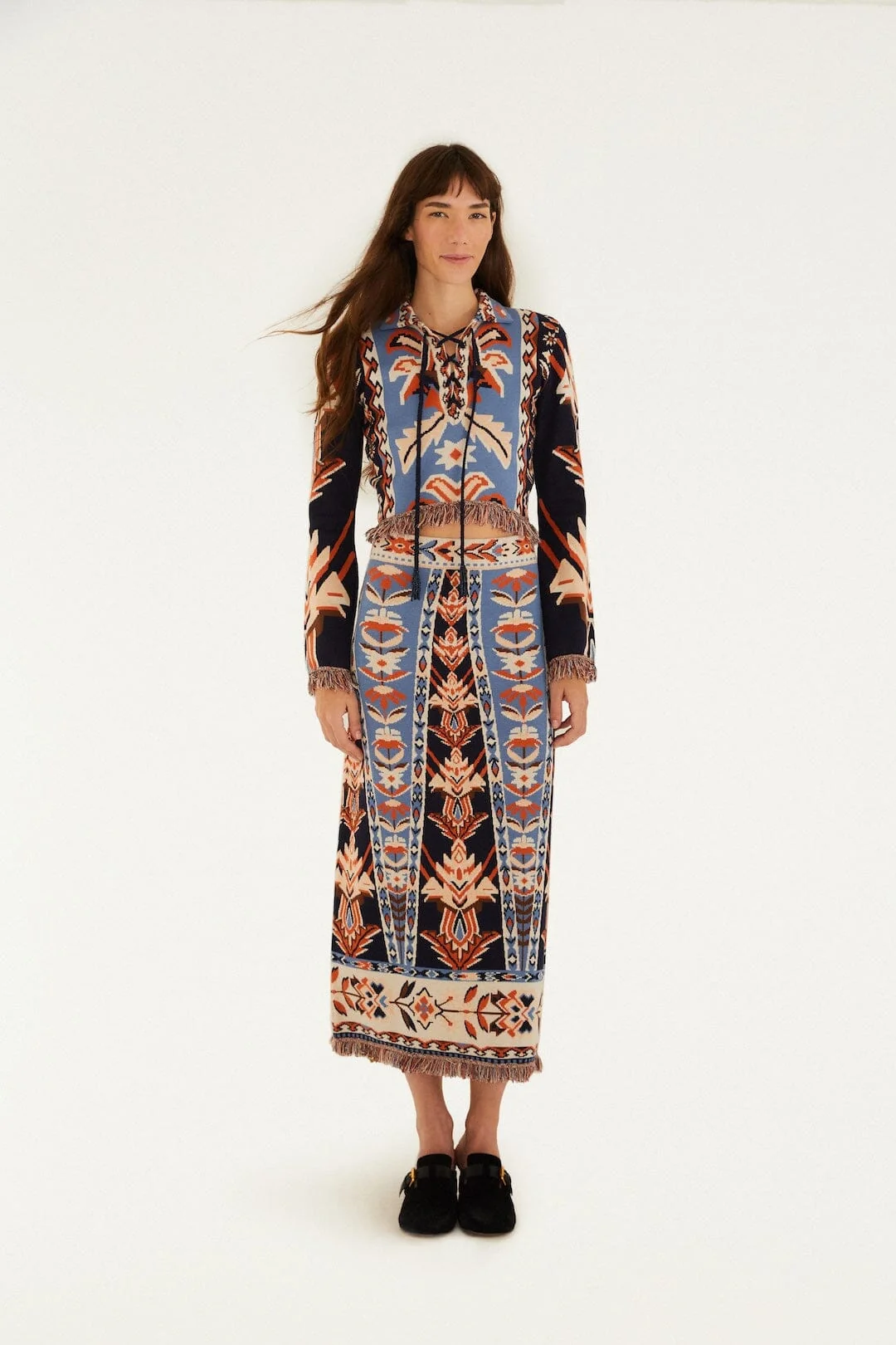 Multicolor Tapestry Fringes Knit Skirt