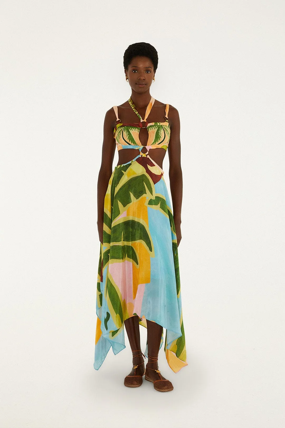 Multicolor Tropical Painting Cut-Out Buckles Maxi Dress