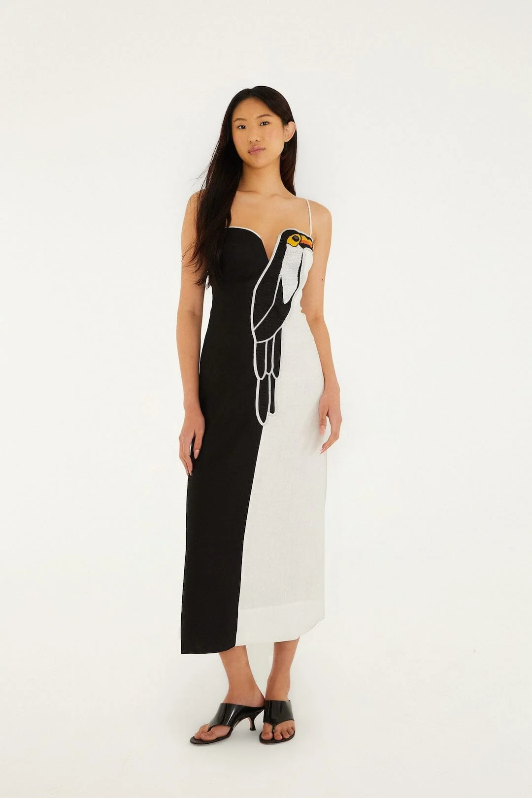 Black And White Embroidered Toucan Sleeveless Maxi Dress