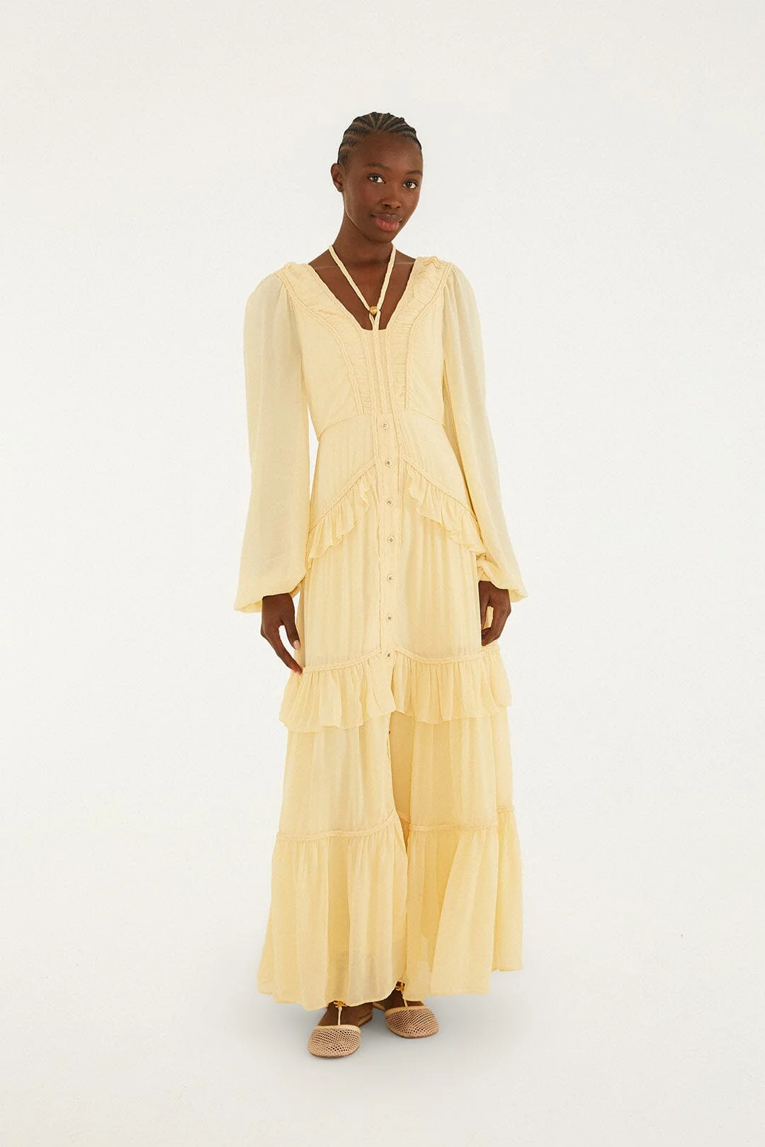Butter Yellow Ruffled Buttoned Maxi Dress