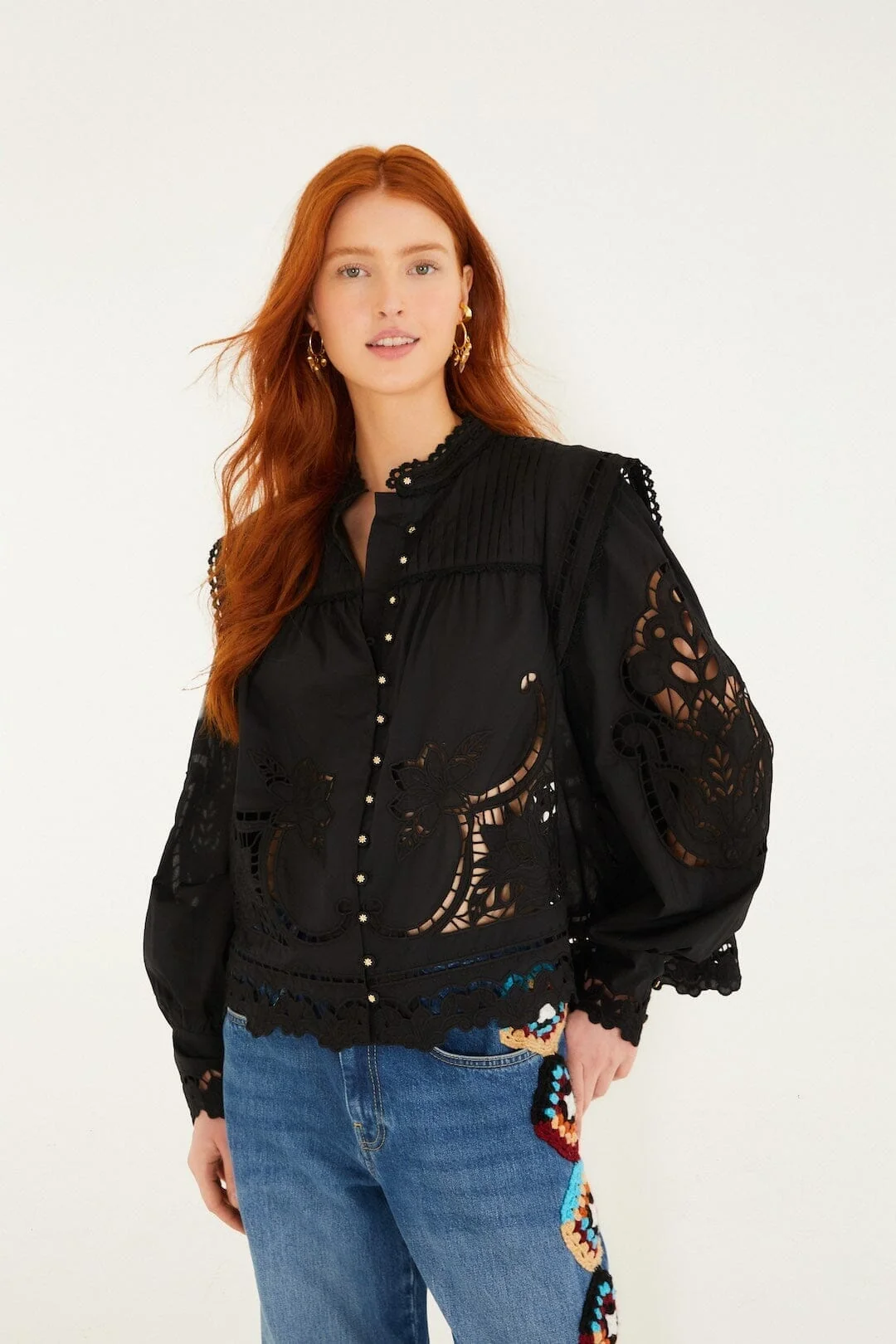 Black Richelieu Puff Sleeve  Blouse