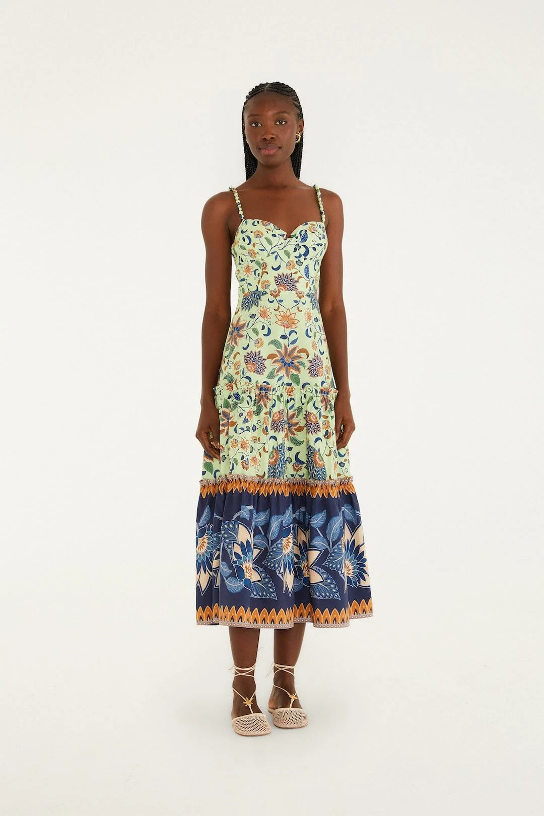 Green Floral Delhi Tapestry Beaded Straps Midi Dress