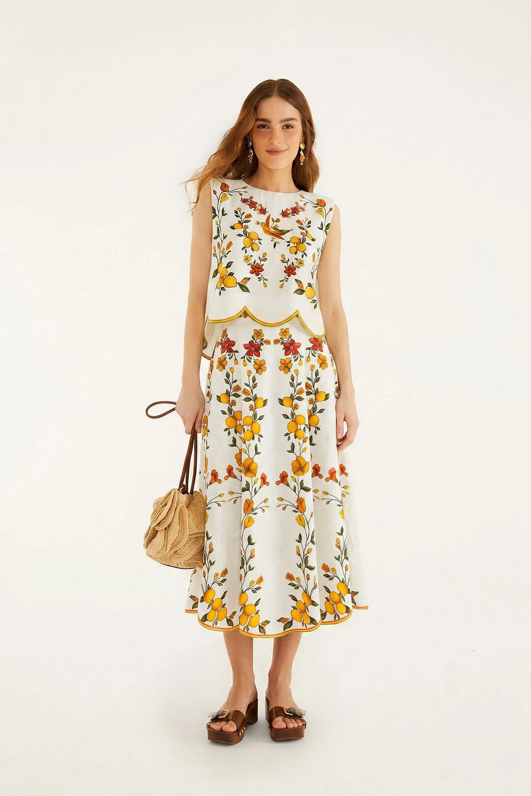 Lemon Bouquet Off-White Midi Skirt