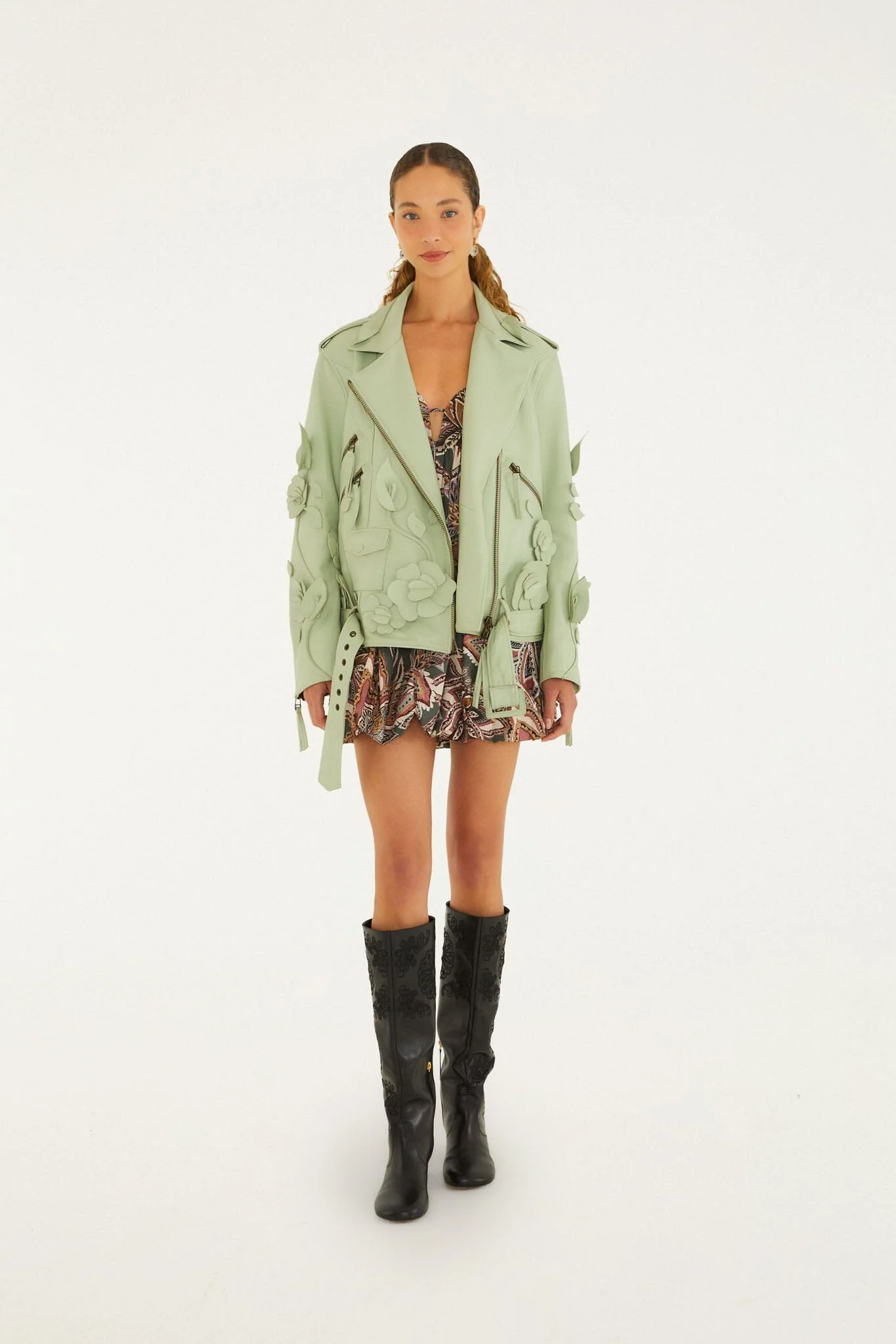3d Flowers Belted Biker Leather Jacket