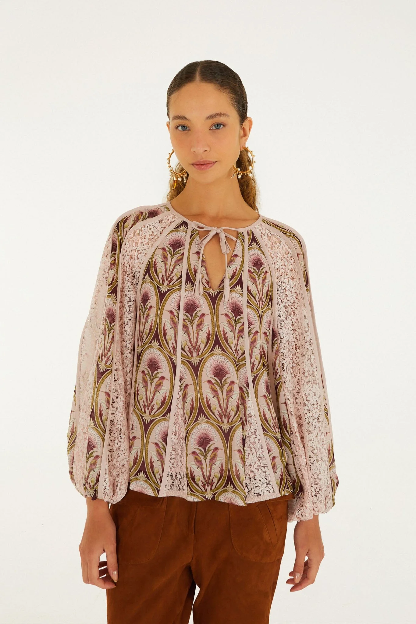 Birds Tree Garden Lace Long Sleeve Blouse