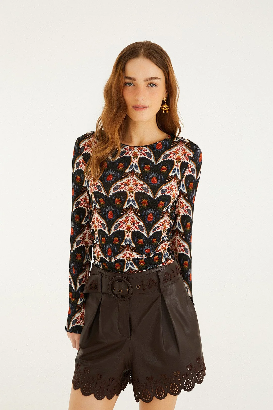 Black Porcelain Birds Long Sleeve Jersey Blouse
