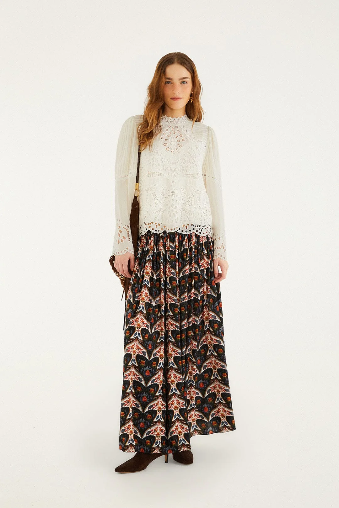 Black Porcelain Birds Pleats Maxi Skirt