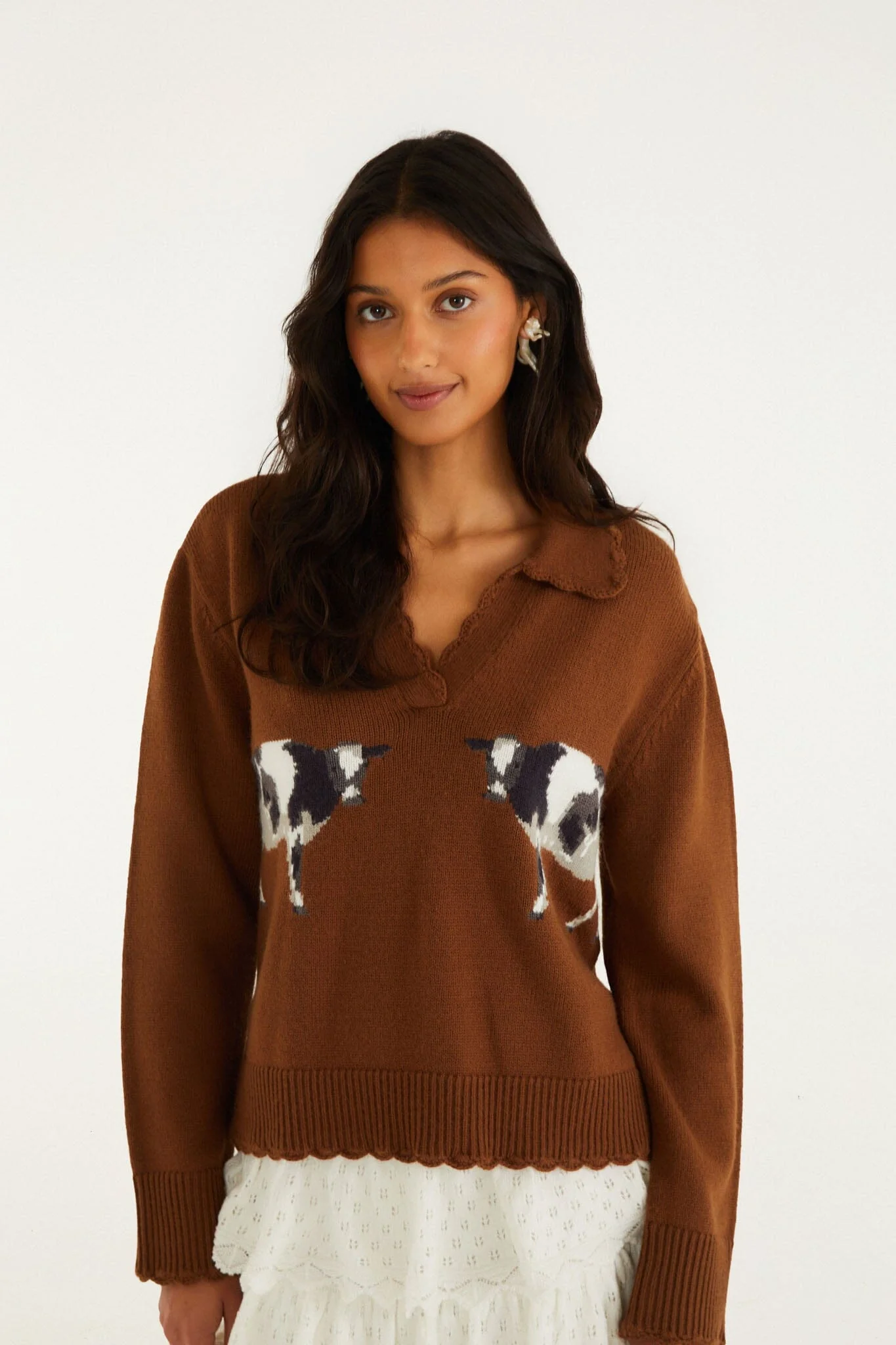 Brown Countryside Cow Collared Knit Sweater