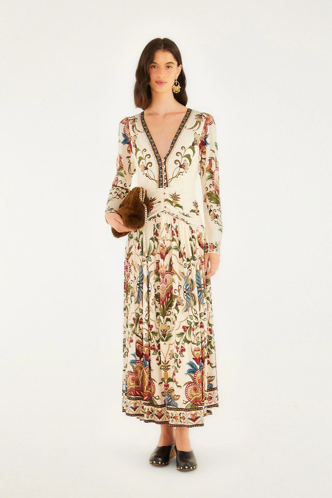 Cream Majestic Hearts Long Sleeve Midi Dress