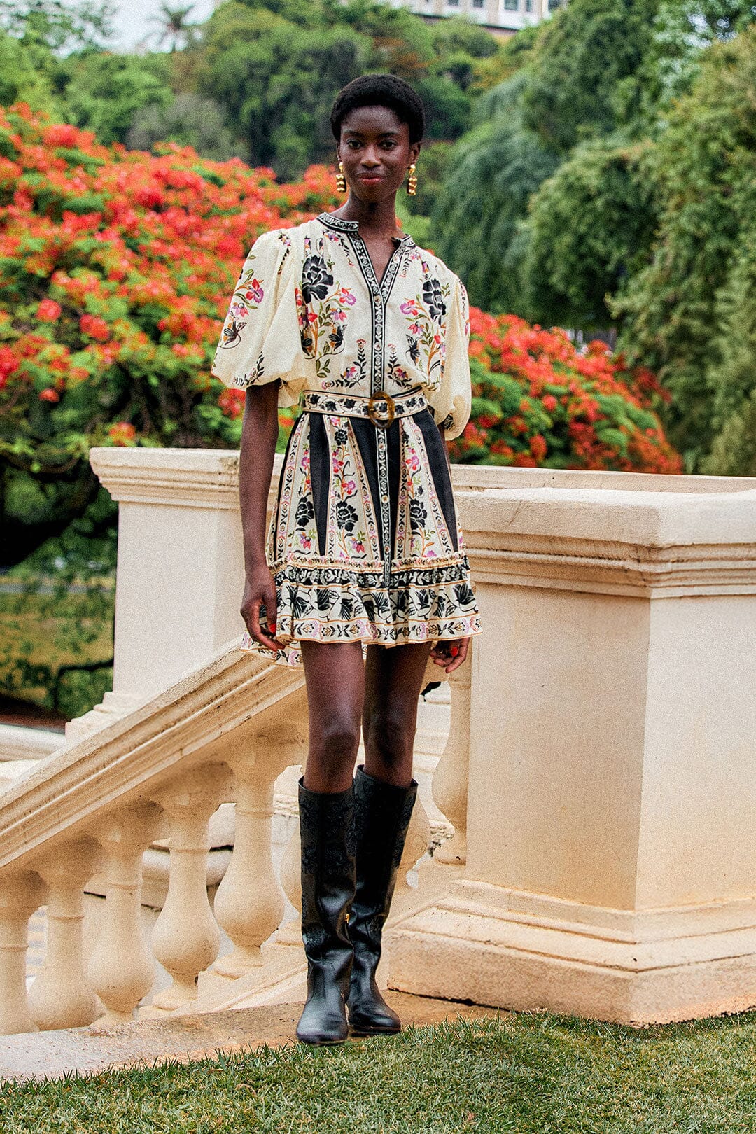Delicate Floral Belted Buttoned Mini Dress