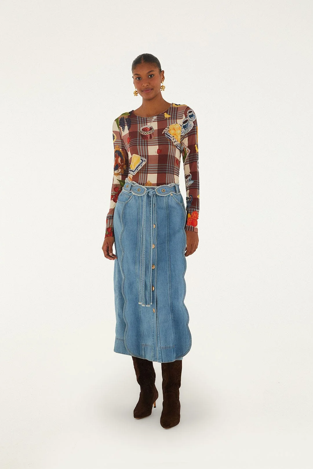 Denim Buttoned Belted Wavy Midi Skirt