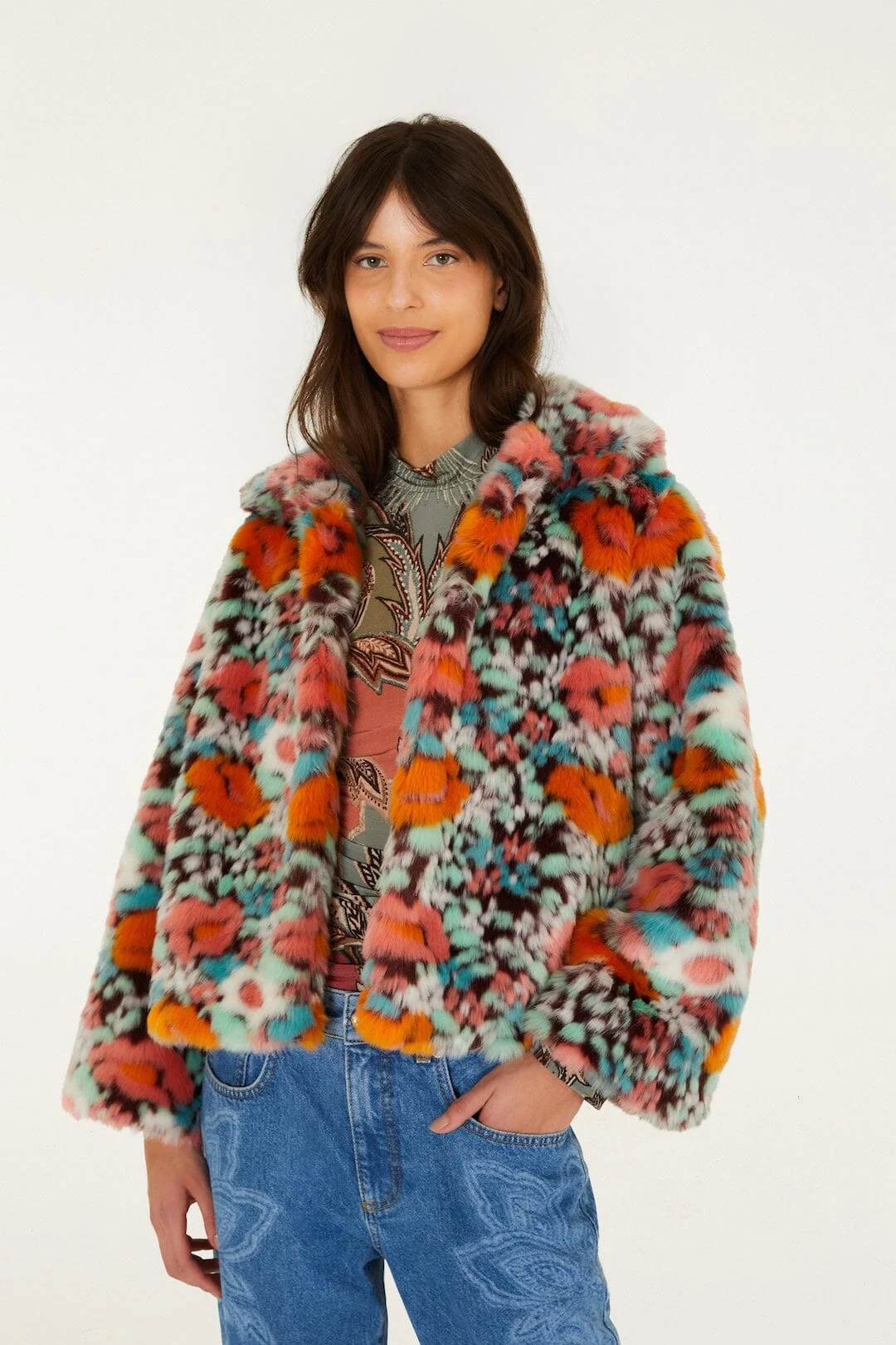 Floral Faux Fur Crop Jacket