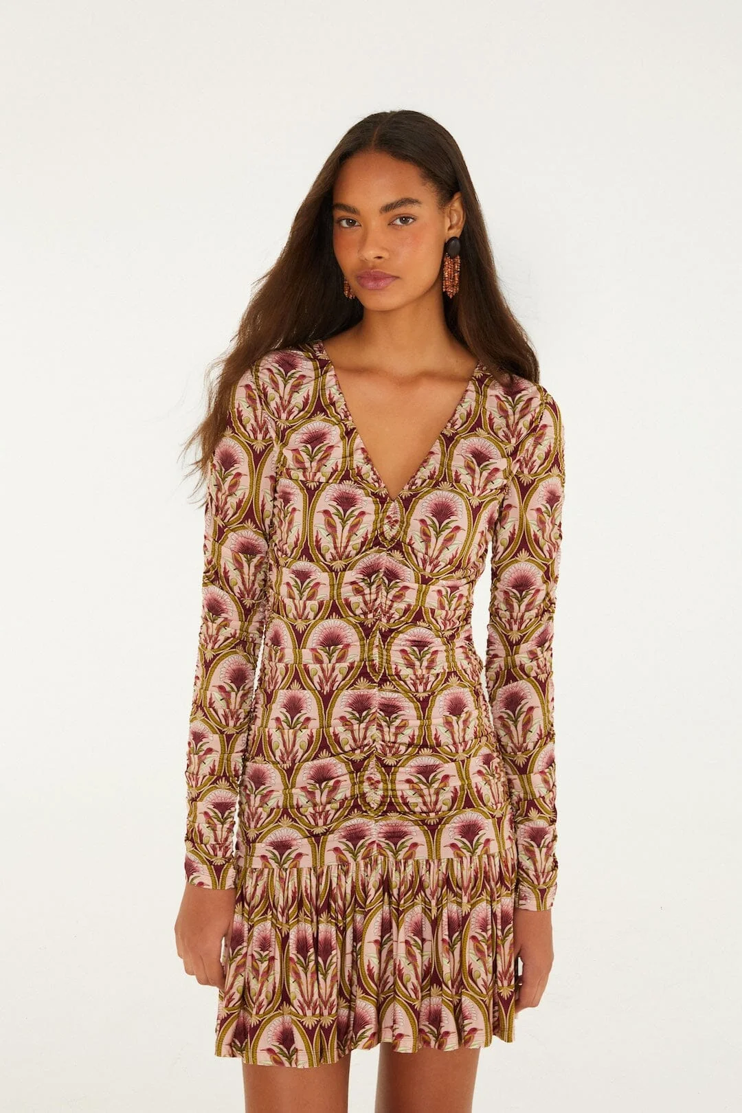 Garden Medal Long Sleeve Ruched Mini Dress