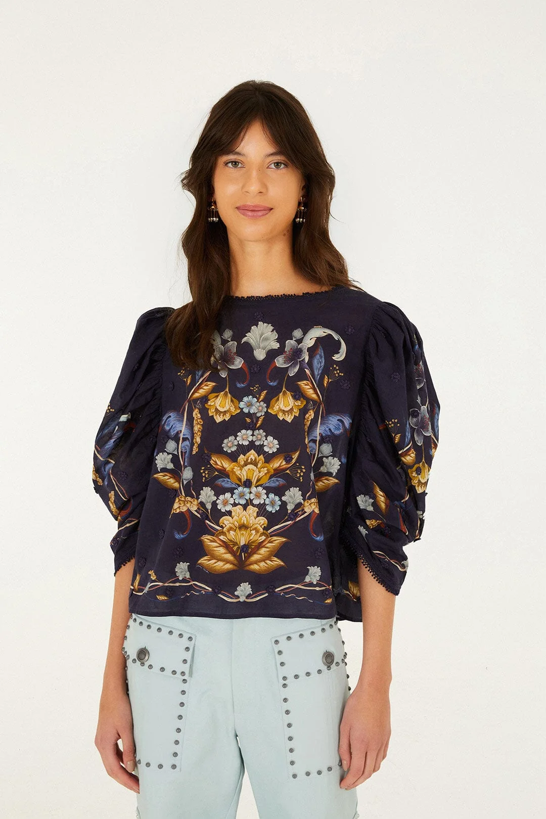 Golden Nature 3D Flower Puff Sleeve Blouse