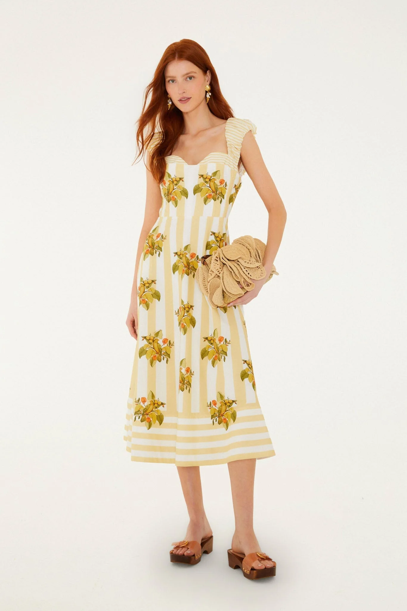 Yellow Lemon Birds Sweetheart Neck Midi Dress