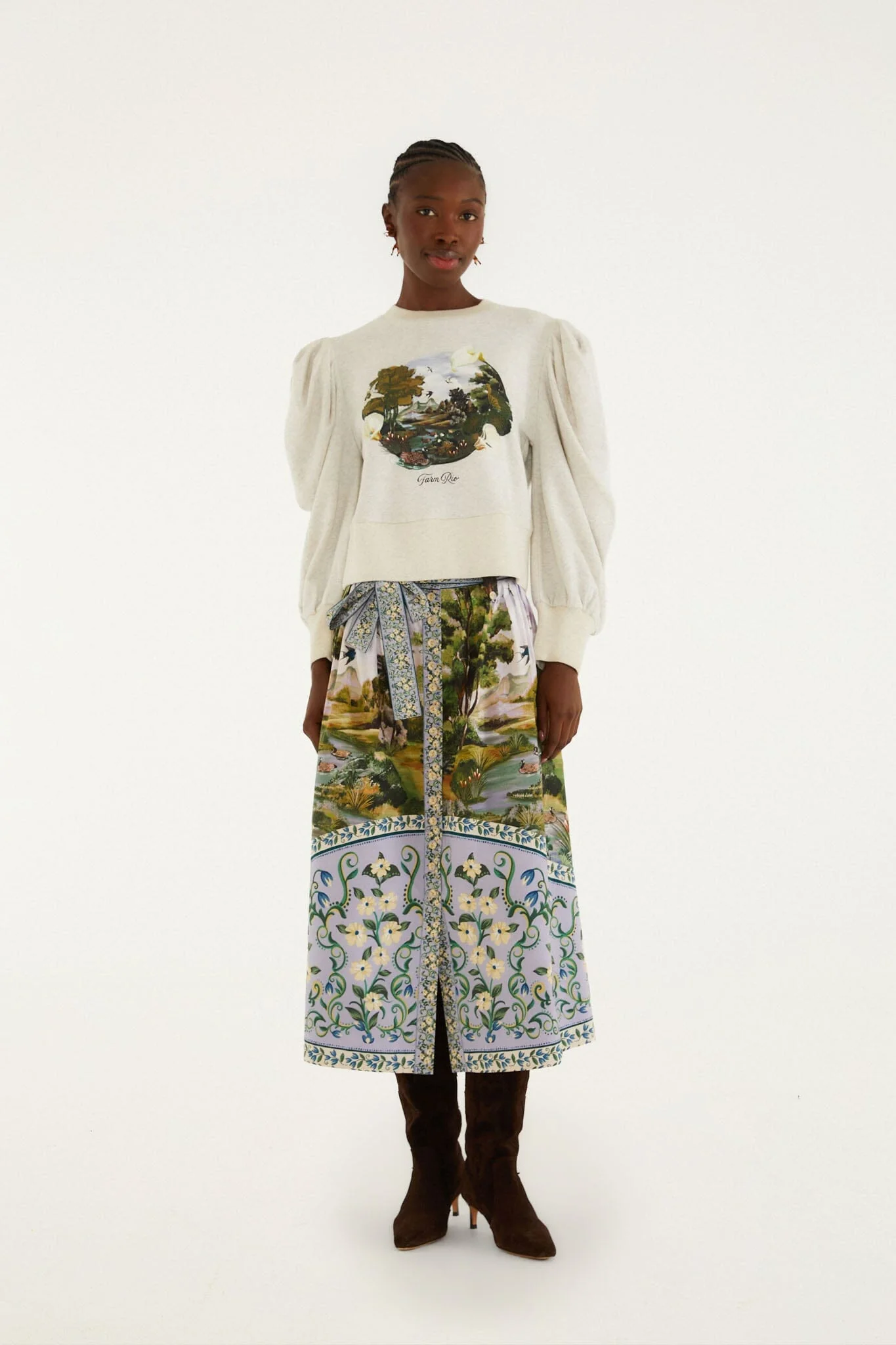 Multicolor Countryside Landscape Belted Midi Skirt