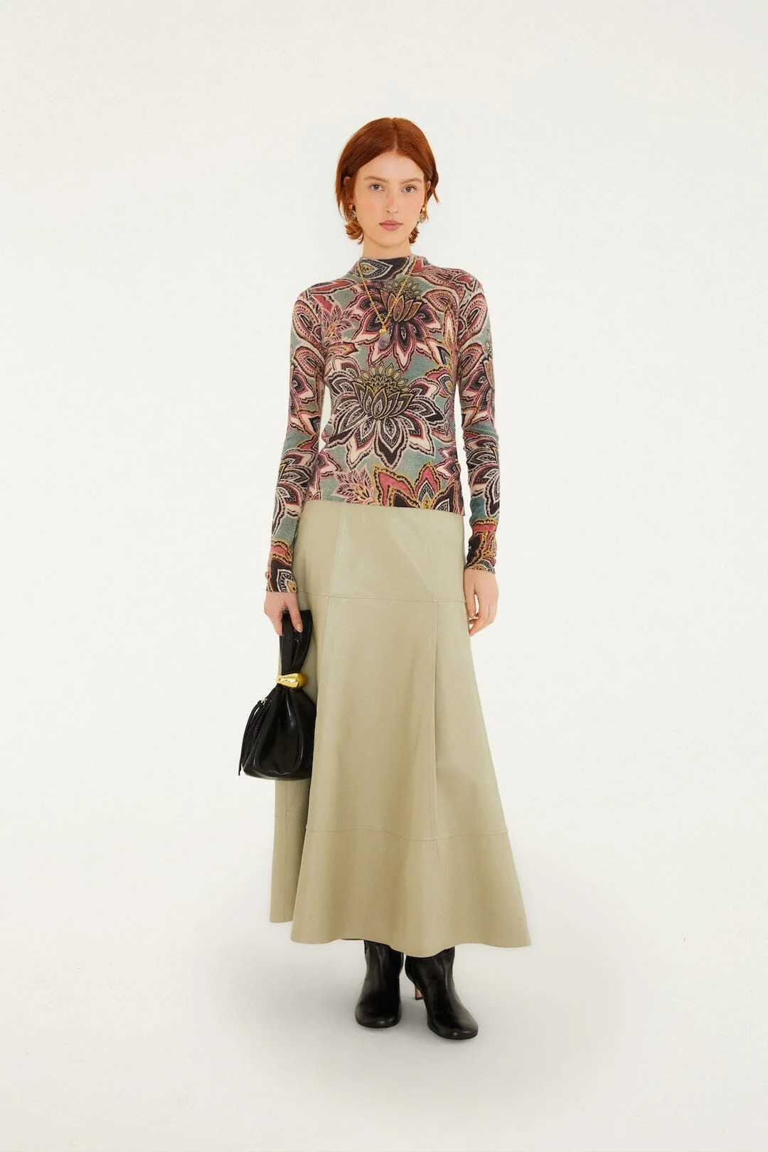 Pleats Leather Midi Skirt