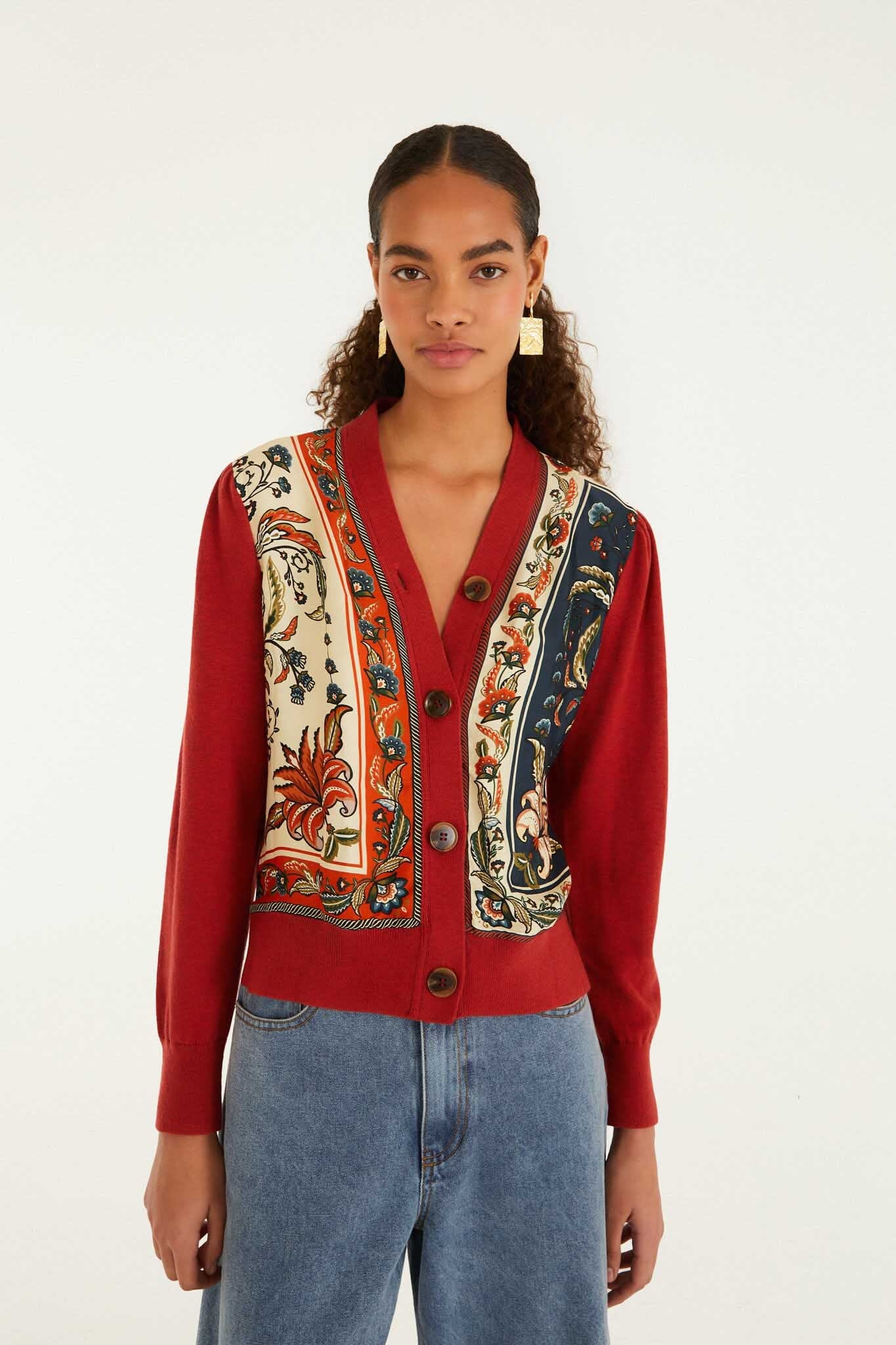 Red Ainika Garden Scarf Buttoned Knit Cardigan