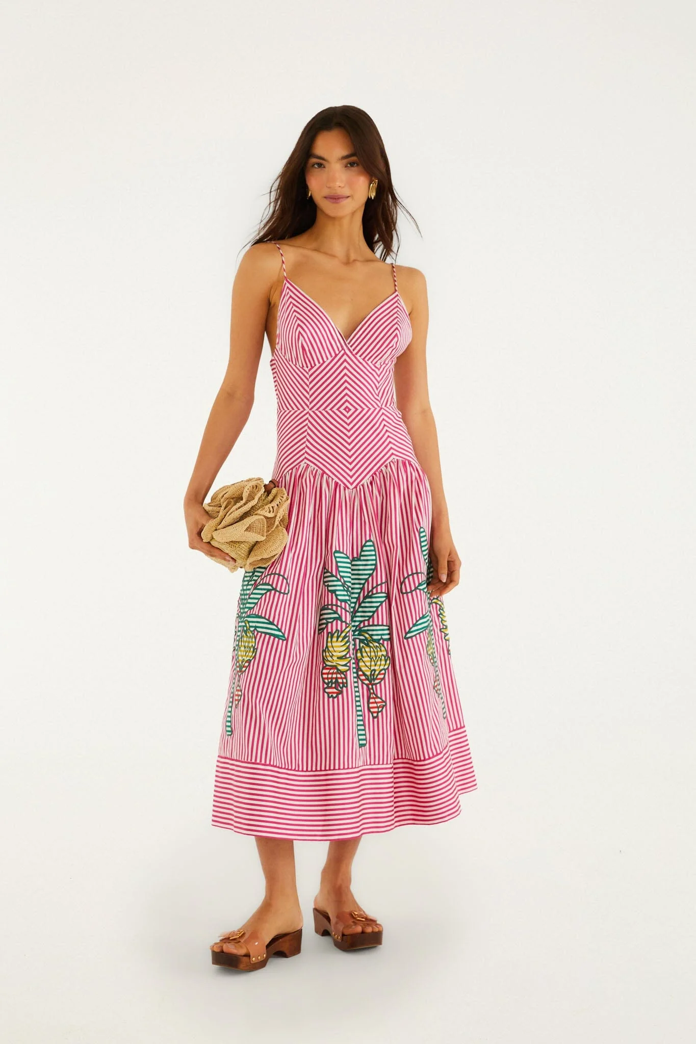 Pink Palm Tree Stripes Cutwork  Midi Dress