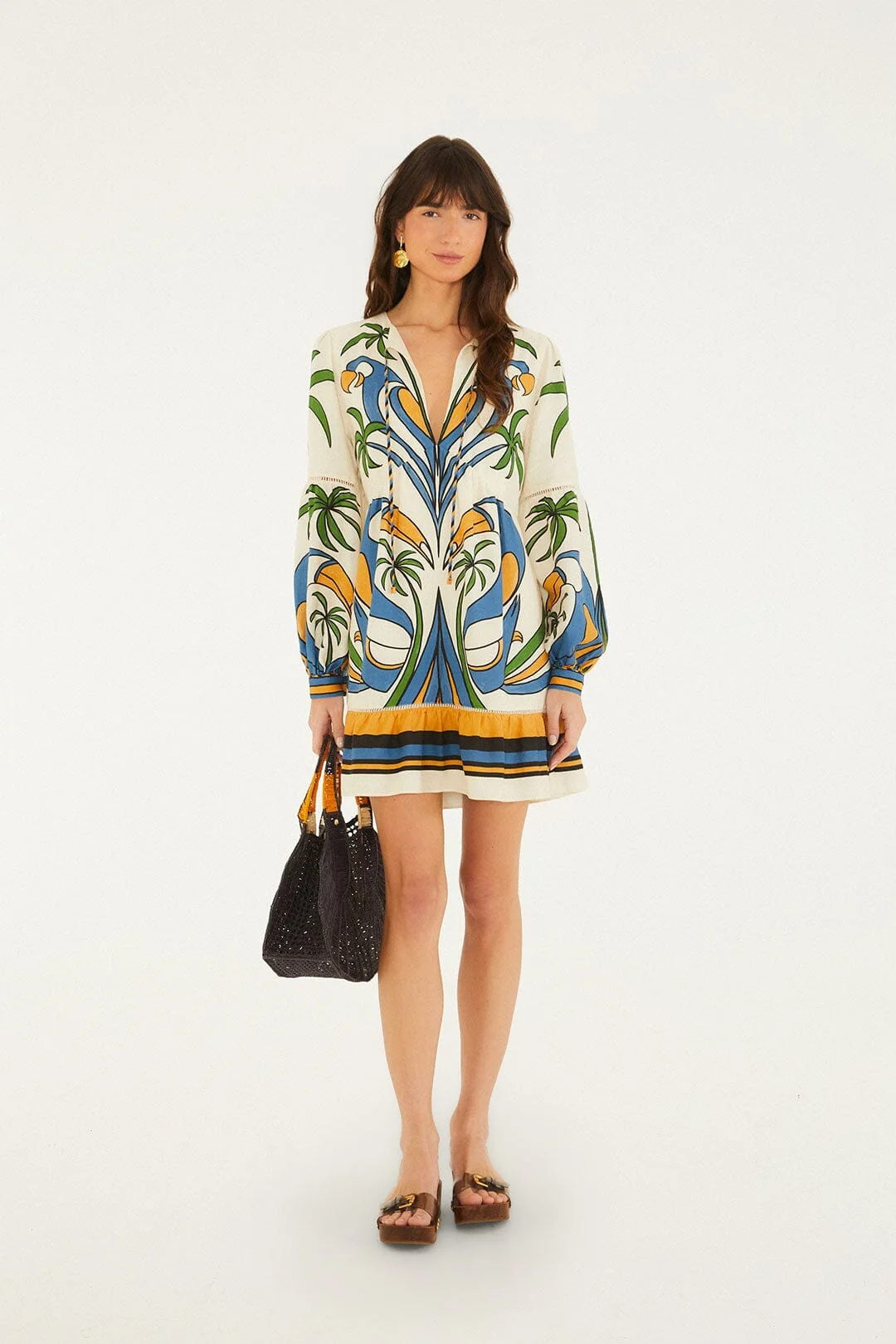 Sand Tropical Graphic Lace Ruffled Mini Dress