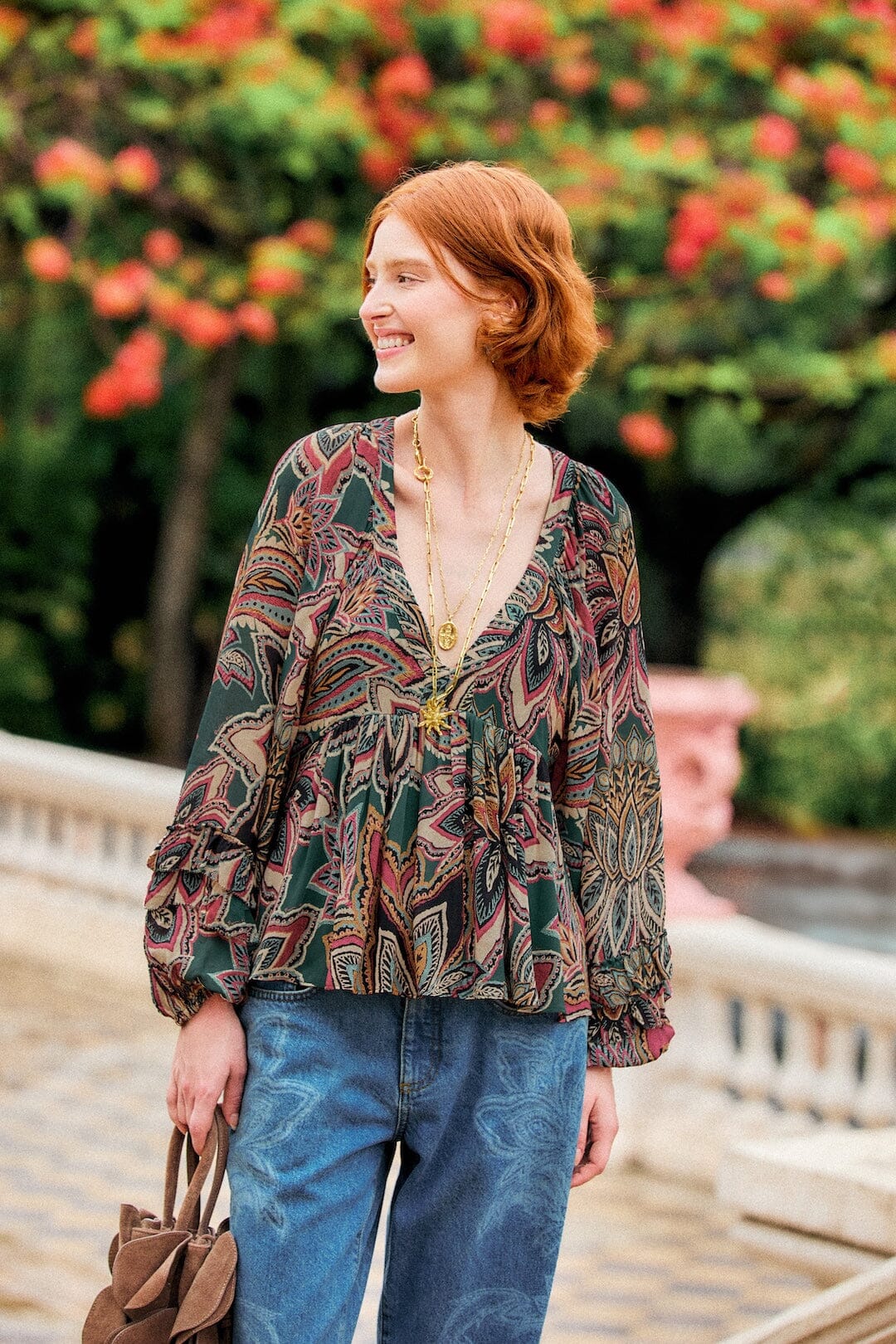 Tapestry Flowers Ruffled Blouse
