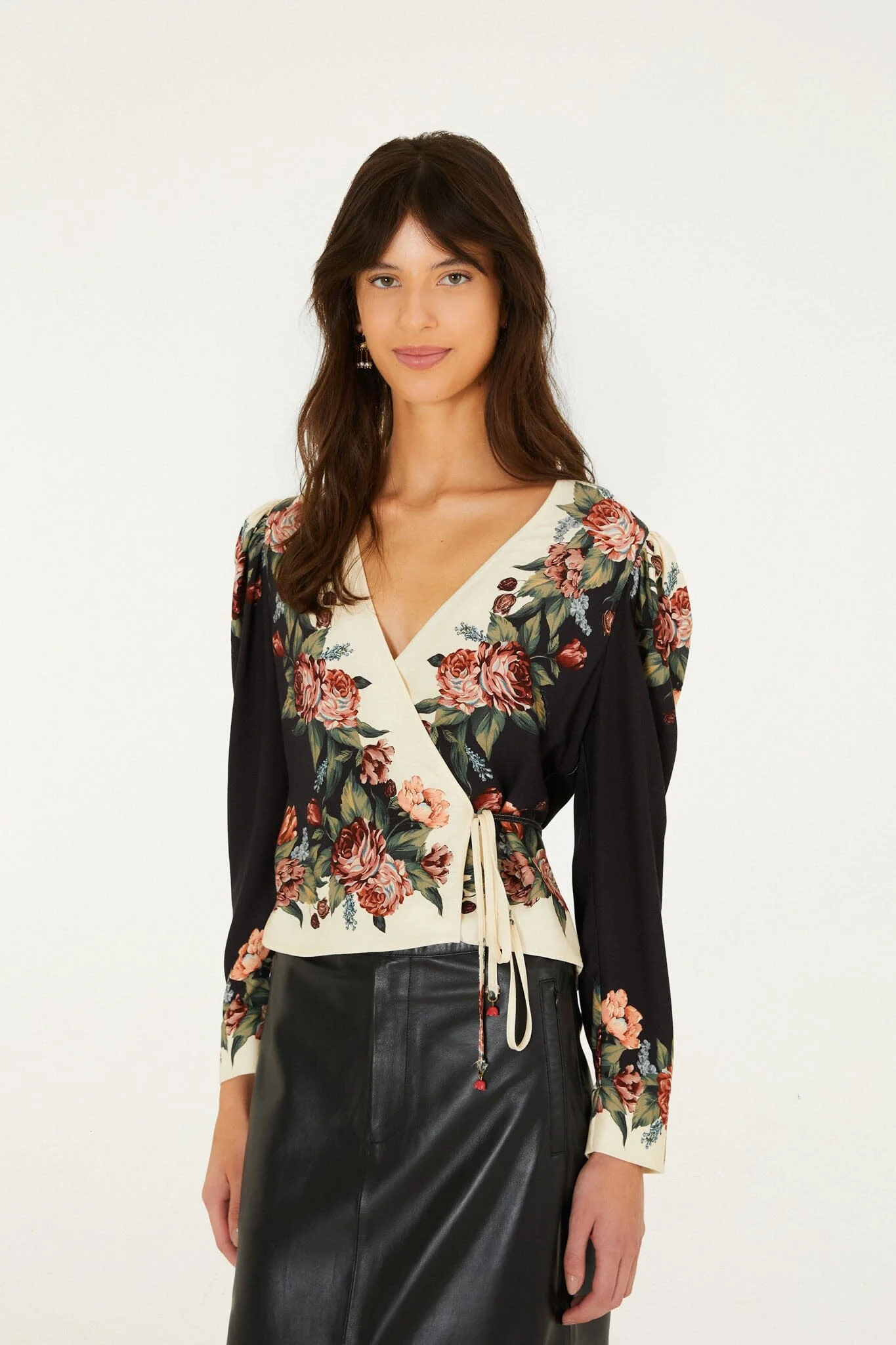 Winter Floral Long Sleeve Wrap Blouse