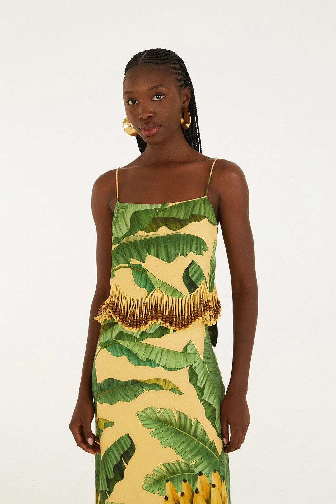 Yellow Fruit Leaves Banana Beaded Fringes Sleeveless Top